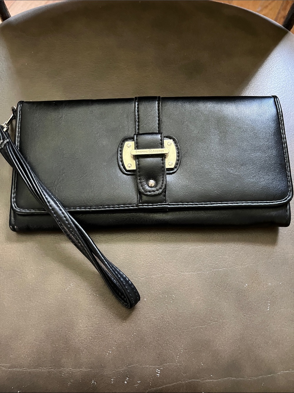 Etienne Aigner Black Wristlet Clutch with Gold Plaque
